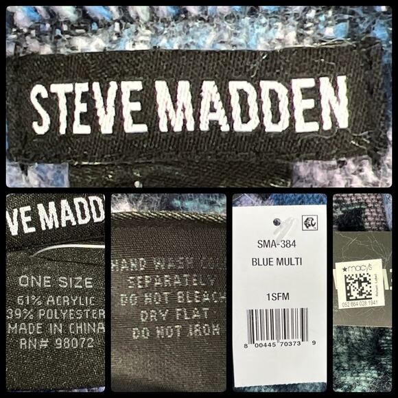 Steve Madden Blue Multi Floral Scarf Raw Edge Tassel L75" X W21"  Fringe 4" - Picture 10 of 12